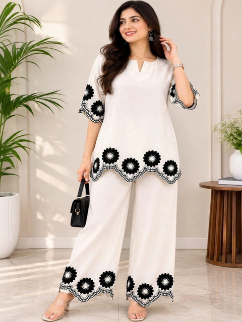 Darshan Style Hub Romantic Florals Linen Embroidered Tunic with Palazzos - Image 5
