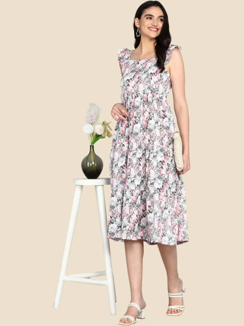 SELVIFAB Floral Print Puff Sleeve Crepe Fit & Flare Dress - Image 6