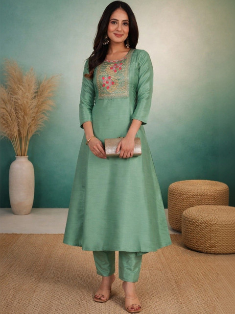 Sea Green Embroidered Tunic with Trousers