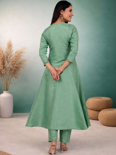 Sea Green Embroidered Tunic with Trousers - Image 2