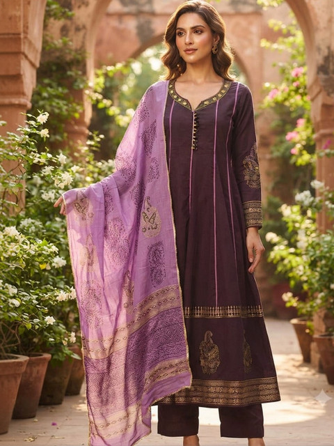 KALINI Women Ethnic Motifs Printed Panelled Pure Cotton Kurta with Trousers & With Dupatta