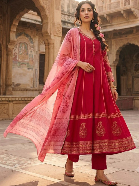 Kanahari Women Ethnic Motifs Printed Regular Gotta Patti Pure Cotton Kurta with Trousers & With Dupatta
