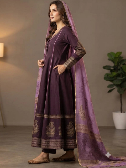 KALINI Women Ethnic Motifs Printed Panelled Pure Cotton Kurta with Trousers & With Dupatta - Image 4