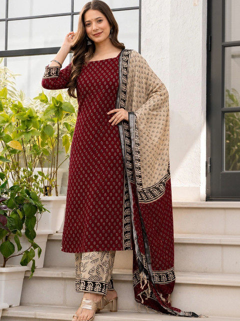 Kasooti Women Ethnic Motifs Printed Regular Pure Cotton Kurta with Palazzos & With Dupatta - Image 4