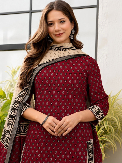 Kasooti Women Ethnic Motifs Printed Regular Pure Cotton Kurta with Palazzos & With Dupatta - Image 5