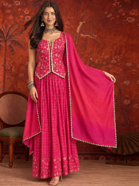 Sangria Women's Printed Rayon Vest Top Skirt Dupatta Co-Ords Set