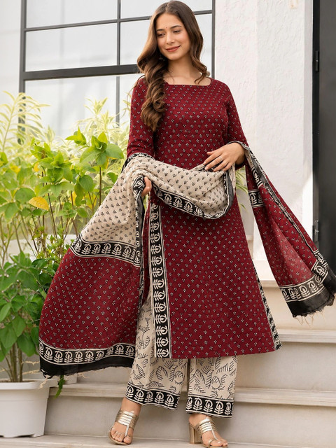 Kasooti Women Ethnic Motifs Printed Regular Pure Cotton Kurta with Palazzos & With Dupatta - Image 3
