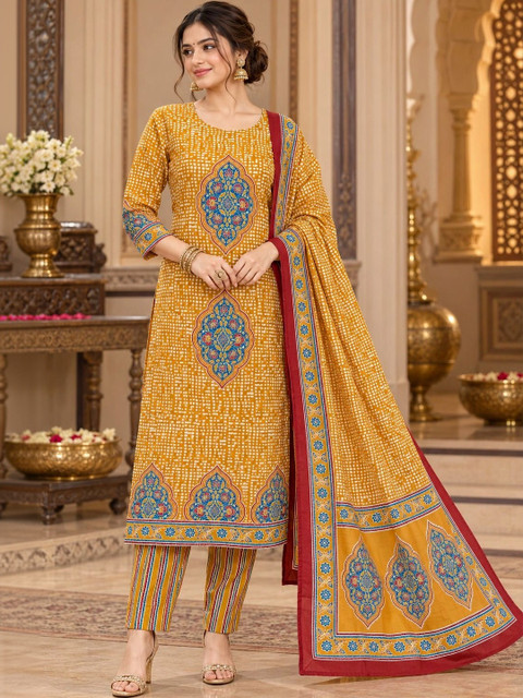 Namastika Women Ethnic Motifs Printed Regular Pure Cotton Kurta with Trousers & With Dupatta