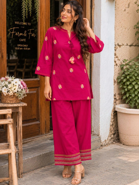 RANGZARI Women Ethnic Motifs Embroidered Regular Thread Work Pure Cotton Kurta with Palazzos