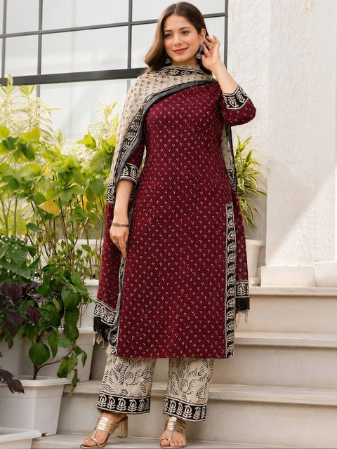 Kasooti Women Ethnic Motifs Printed Regular Pure Cotton Kurta with Palazzos & With Dupatta