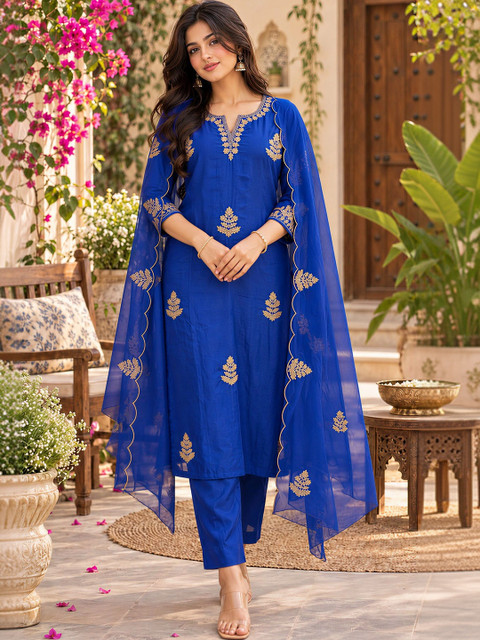 Sangria Women Ethnic Motifs Embroidered Regular Thread Work Silk Chiffon Kurta with Trousers & With Dupatta
