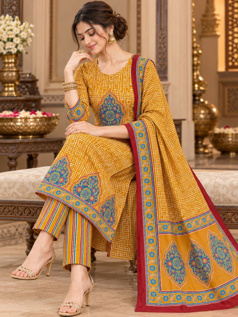 Namastika Women Ethnic Motifs Printed Regular Pure Cotton Kurta with Trousers & With Dupatta - Image 6