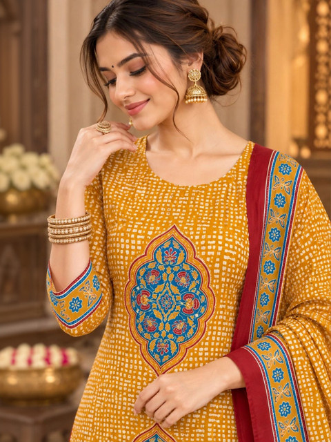 Namastika Women Ethnic Motifs Printed Regular Pure Cotton Kurta with Trousers & With Dupatta - Image 2