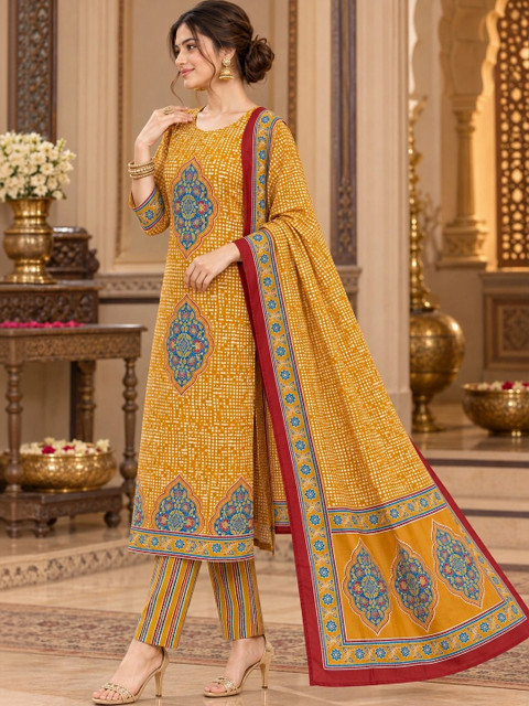 Namastika Women Ethnic Motifs Printed Regular Pure Cotton Kurta with Trousers & With Dupatta - Image 7