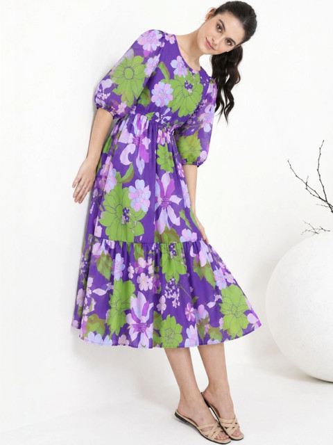 HERE&NOW Floral Print Puff Sleeve Georgette A-Line Midi Dress - Image 6