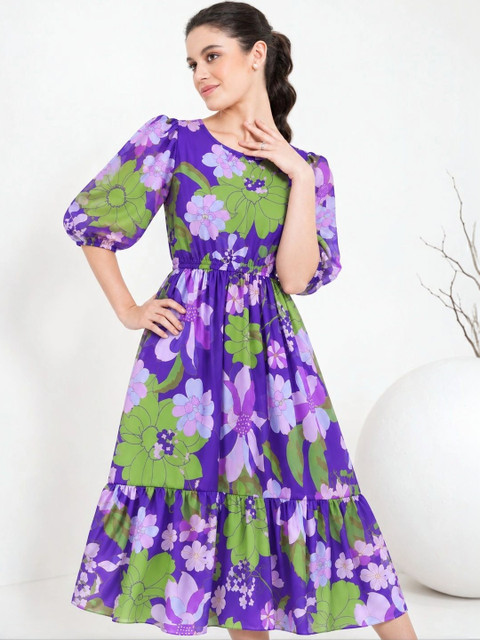 HERE&NOW Floral Print Puff Sleeve Georgette A-Line Midi Dress - Image 3