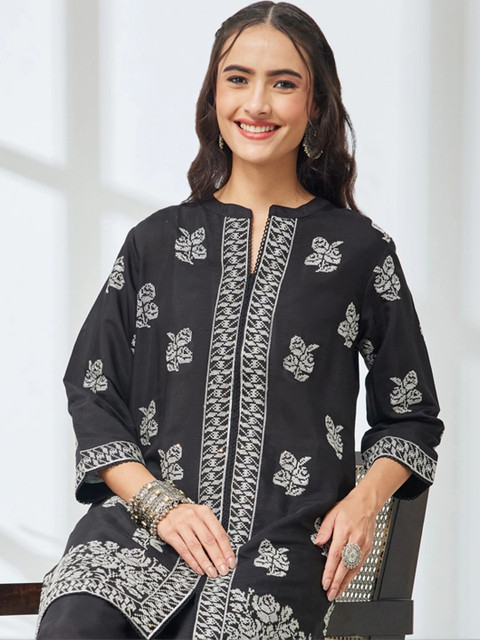 KALINI Floral Chanderi Embroidered Top with Trousers - Image 2