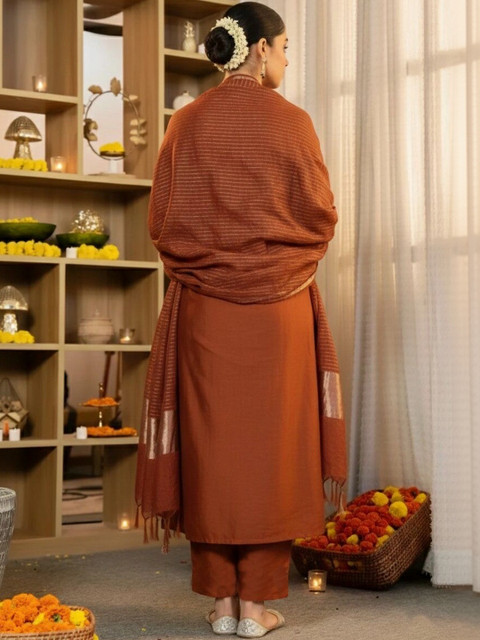 Keitra Women Ethnic Motifs Embroidered Regular Thread Work Kurta with Trousers & With Dupatta - Image 5