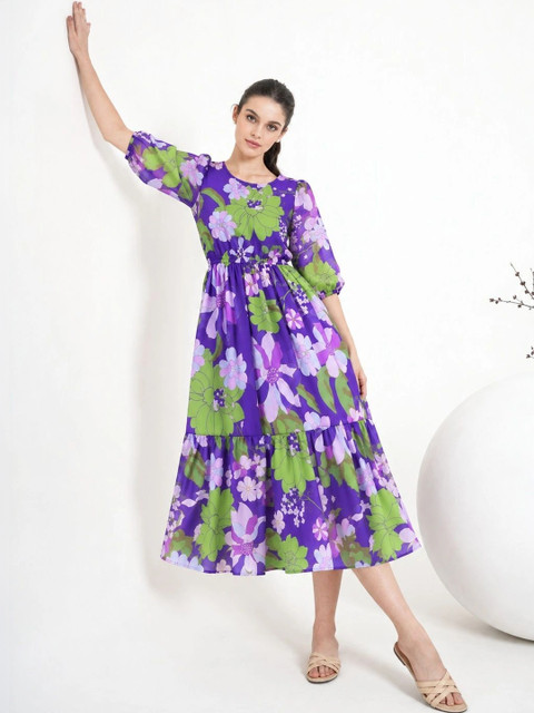 HERE&NOW Floral Print Puff Sleeve Georgette A-Line Midi Dress - Image 2