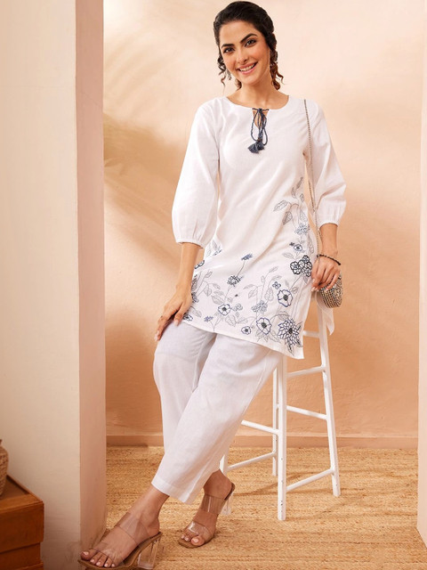 KALINI Floral Cotton Embroidered Tunic with Trousers - Image 2