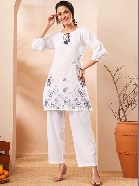 KALINI Floral Cotton Embroidered Tunic with Trousers - Image 3