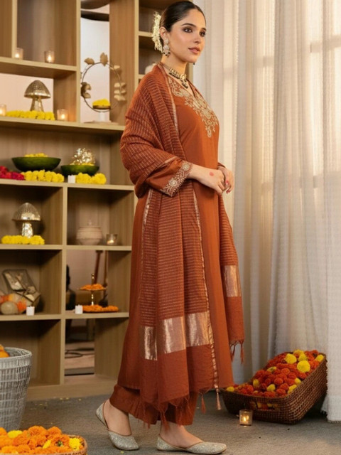 Keitra Women Ethnic Motifs Embroidered Regular Thread Work Kurta with Trousers & With Dupatta - Image 3