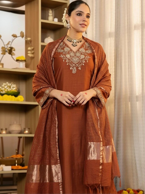 Keitra Women Ethnic Motifs Embroidered Regular Thread Work Kurta with Trousers & With Dupatta - Image 2