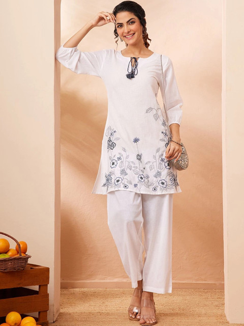 KALINI Floral Cotton Embroidered Tunic with Trousers - Image 7
