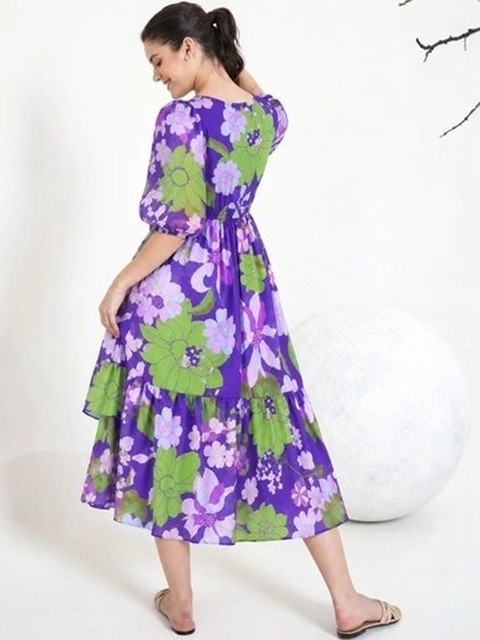 HERE&NOW Floral Print Puff Sleeve Georgette A-Line Midi Dress - Image 4