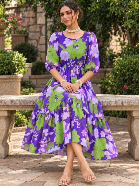Moda Rapido Floral Print Puff Sleeve Georgette A-Line Midi Dress