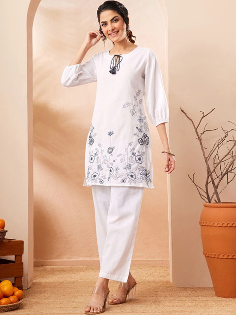 KALINI Floral Cotton Embroidered Tunic with Trousers