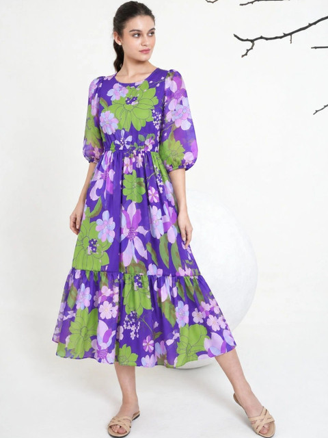 HERE&NOW Floral Print Puff Sleeve Georgette A-Line Midi Dress
