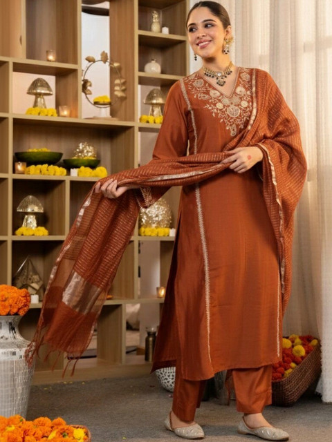 Keitra Women Ethnic Motifs Embroidered Regular Thread Work Kurta with Trousers & With Dupatta