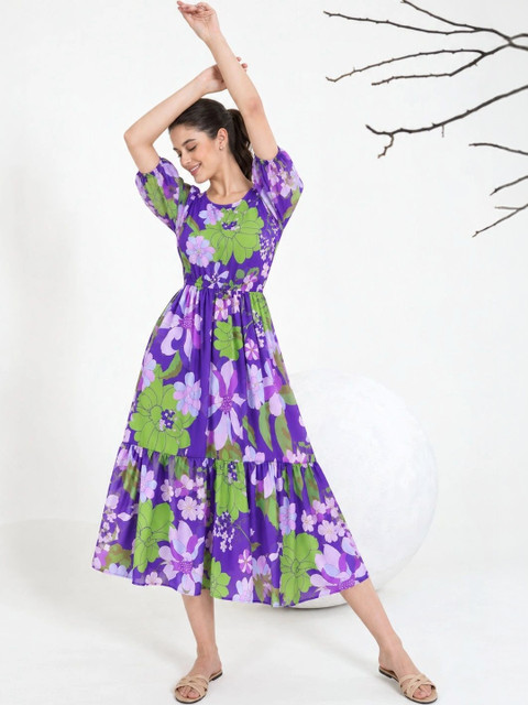 HERE&NOW Floral Print Puff Sleeve Georgette A-Line Midi Dress - Image 5