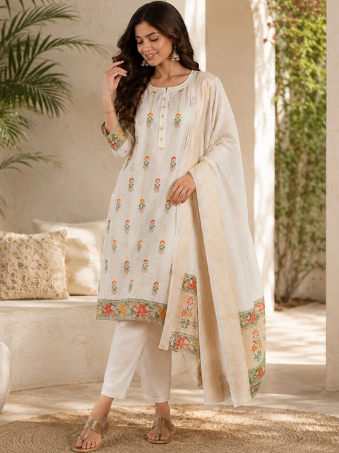 SERONA FABRICS Women Ethnic Motifs Embroidered Regular Thread Work Kurta with Trousers & With Dupatta - Image 5