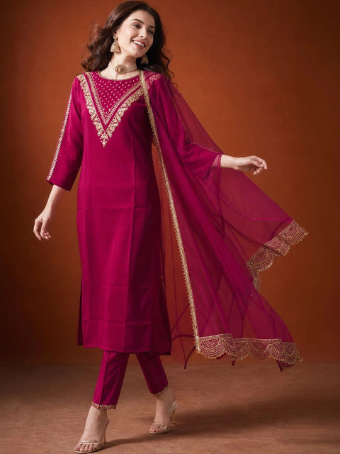 SAINOOR Women Ethnic Motifs Embroidered Regular Thread Work Kurta with Trousers & With Dupatta - Image 2