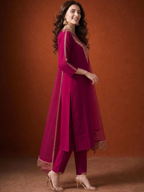 SAINOOR Women Ethnic Motifs Embroidered Regular Thread Work Kurta with Trousers & With Dupatta - Image 3