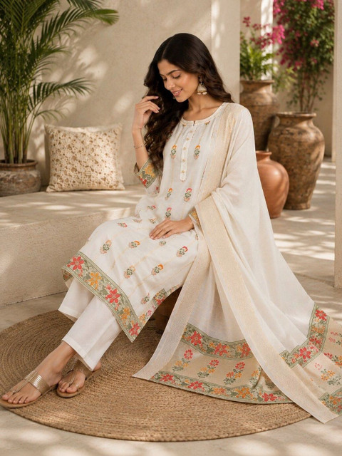 SERONA FABRICS Women Ethnic Motifs Embroidered Regular Thread Work Kurta with Trousers & With Dupatta