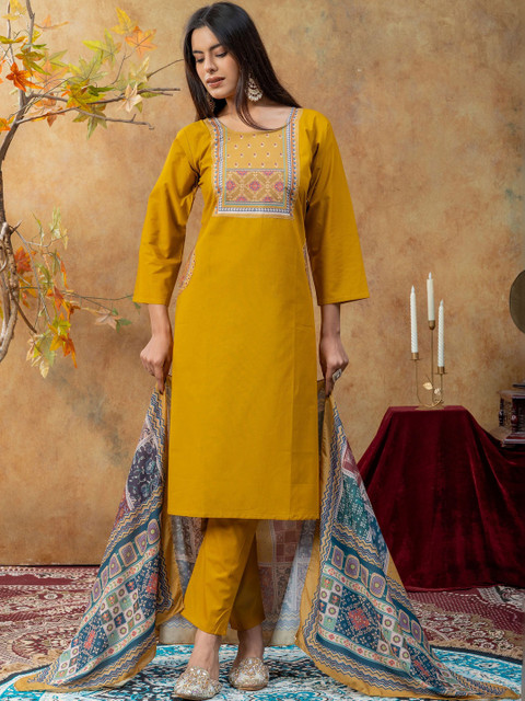 SAINOOR Women Ethnic Motifs Embroidered Regular Thread Work Pure Cotton Kurta with Trousers & With Dupatta - Image 6