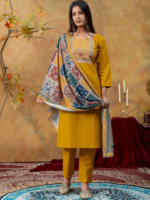 SAINOOR Women Ethnic Motifs Embroidered Regular Thread Work Pure Cotton Kurta with Trousers & With Dupatta