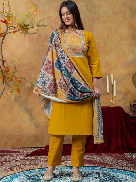 SAINOOR Women Ethnic Motifs Embroidered Regular Thread Work Pure Cotton Kurta with Trousers & With Dupatta - Image 3