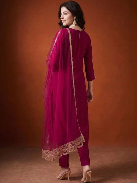 SAINOOR Women Ethnic Motifs Embroidered Regular Thread Work Kurta with Trousers & With Dupatta - Image 6