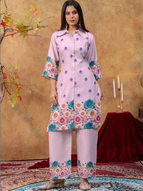 SAINOOR Women Floral Printed Regular Pure Cotton Kurta with Palazzos - Image 3