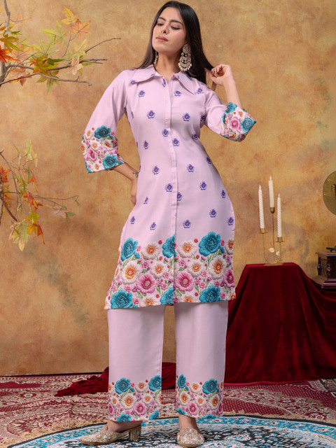 SAINOOR Women Floral Printed Regular Pure Cotton Kurta with Palazzos - Image 2