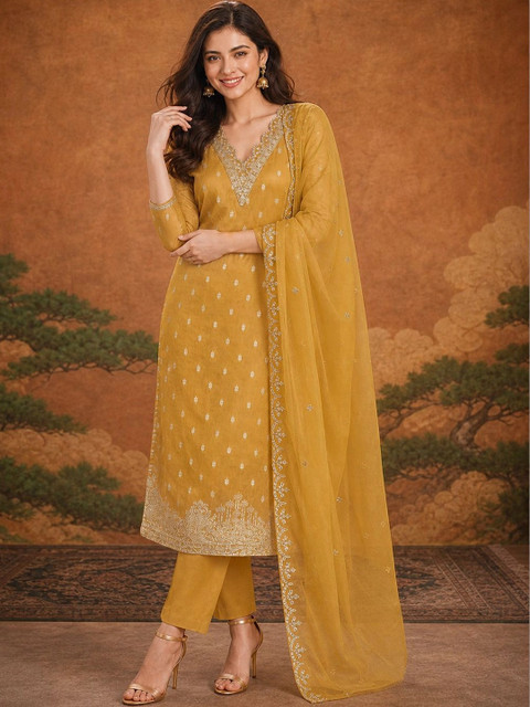 SAINOOR Women Ethnic Motifs Embroidered Regular Thread Work Kurta with Trousers & With Dupatta