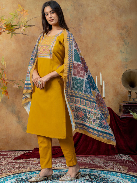 SAINOOR Women Ethnic Motifs Embroidered Regular Thread Work Pure Cotton Kurta with Trousers & With Dupatta - Image 2