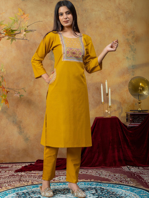 SAINOOR Women Ethnic Motifs Embroidered Regular Thread Work Pure Cotton Kurta with Trousers & With Dupatta - Image 4