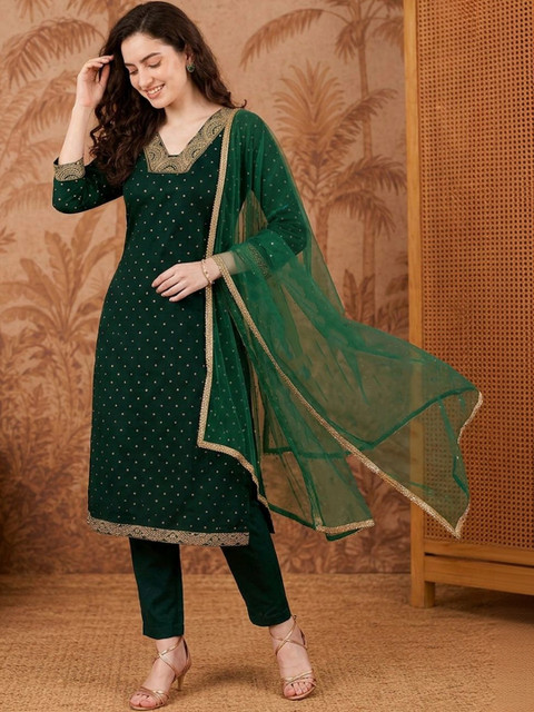 SAINOOR Women Ethnic Motifs Embroidered Regular Kurta with Trousers & With Dupatta