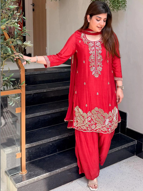 THE52 Women Ethnic Motifs Embroidered Regular Silk Crepe Kurta with Palazzos & With Dupatta