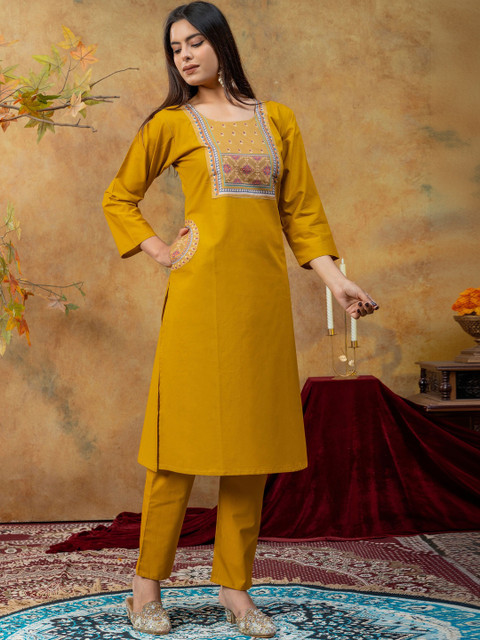 SAINOOR Women Ethnic Motifs Embroidered Regular Thread Work Pure Cotton Kurta with Trousers & With Dupatta - Image 5